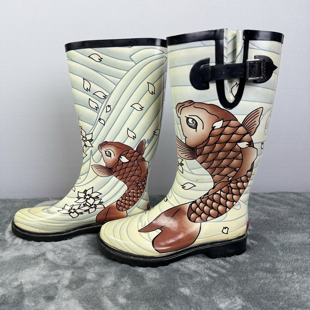 Chooka  Vintage Rain Galoshes Duck Boots KOI FISH POND Fun & Festive Boots Sz‎ 6 - Picture 9 of 10